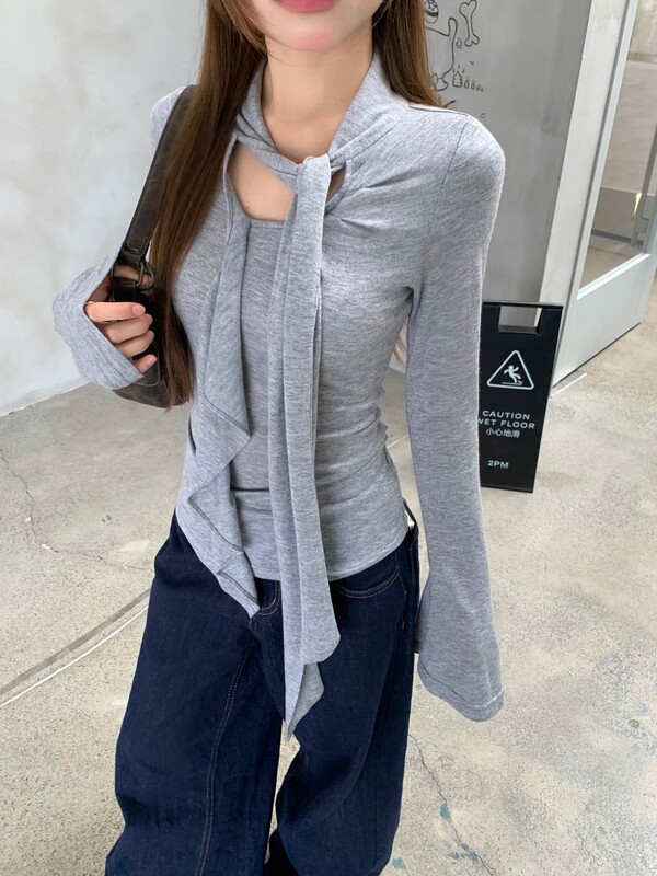 春秋修身显瘦正肩纯色长袖T恤女别致飘带荷叶边设计内搭打底上衣|undefined