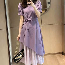 紫色连衣裙女2026夏季新款韩版气质小众设计感拼接假两件连衣裙潮