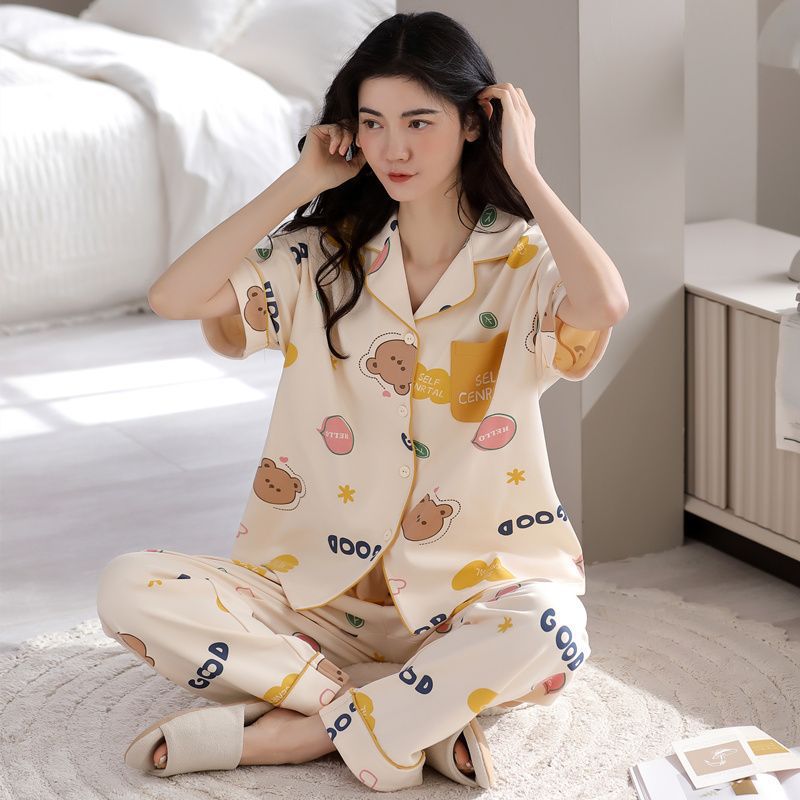 Pijama de mujer algodón de verano de manga corta pantalones cardigans dulces de alto valor facial conjunto de ropa para el hogar