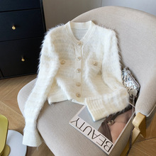 秋冬小香风气质设计感仿貂绒针织开衫高级感圆领短款修身外套女上