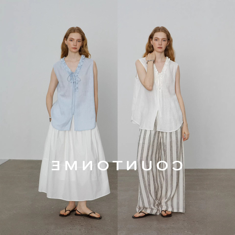 100% Natural Linen Handmade Ruffled V-Neck Tie Short-Sleeve Vest Sleeveless T-Shirt Vacation Vest