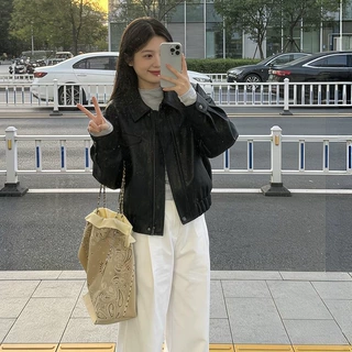 皮衣外套女款2026春秋季感黑色显瘦皮夹克小个子上衣