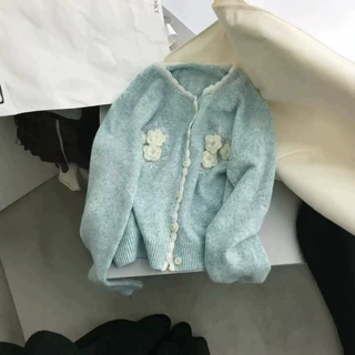 韩代款重工立体钩花针织开衫女秋季宽松慵懒风甜美系软糯毛衣外套