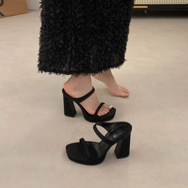 Soft Leather Version ~ Waterproof Platform Thick Heel High Heels Women's French One-Strap Sandals, Beautiful Sandals and Slippers