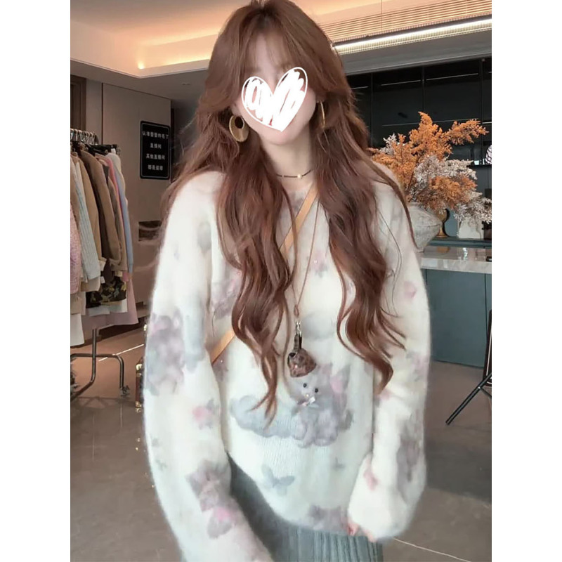 温柔风甜美卡通猫咪印花长袖套头针织毛衣女慵懒软糯宽松上衣穿搭|undefined