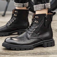 冬季男鞋英伦侧拉链高帮马丁靴黑色靴子男士户外工装短靴皮靴
