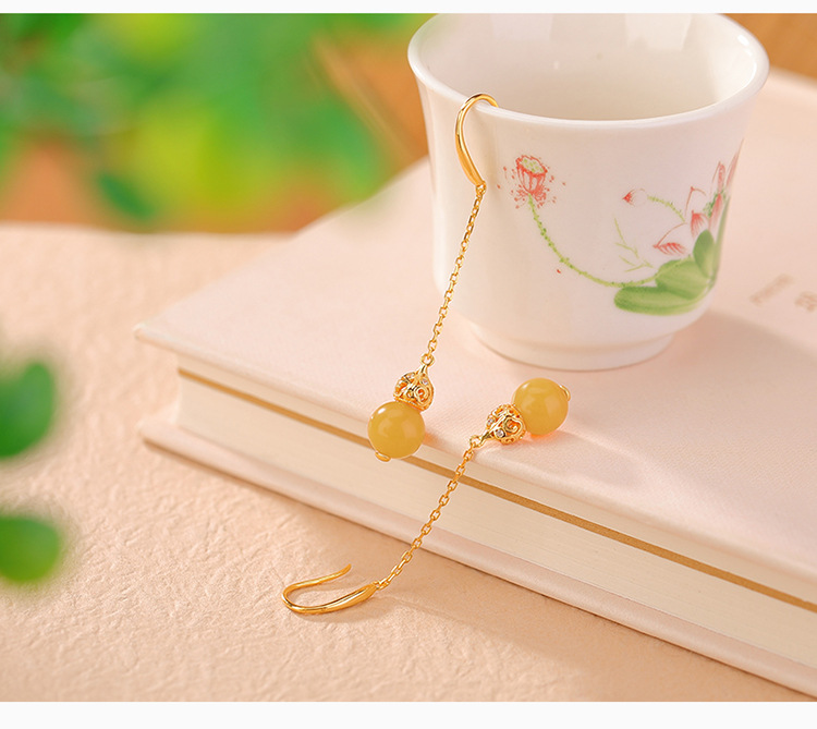 Bông tai móc bạc S925 mạ vàng đính ngọc bích và sáp ong hình hươu phong cách retro — Mẫu sáp ong chi tiết 6