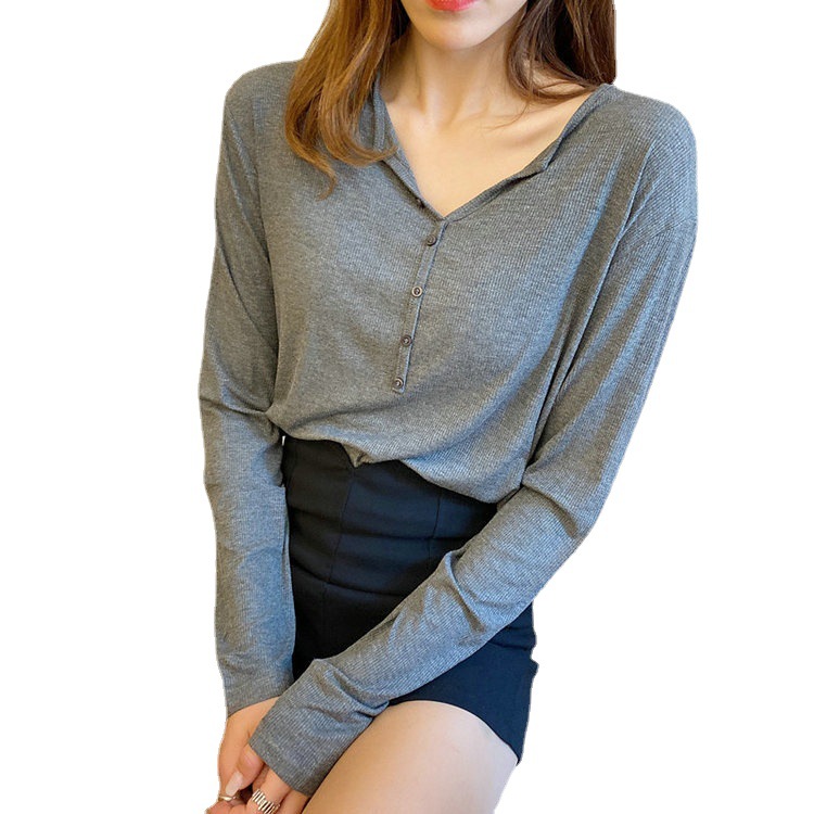 2023 Primavera/Verano/otoño nueva camisa de fondo máscara superior hilo de color sólido de manga larga Camiseta de las mujeres con cuello en V camisa pequeña cuerpo image 7