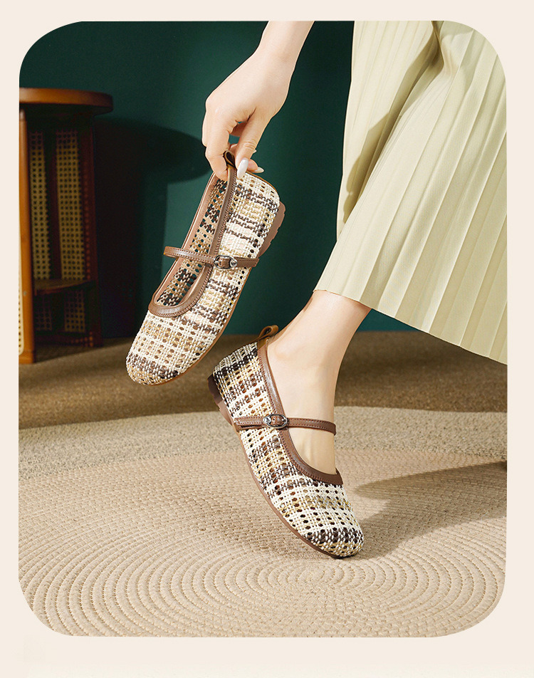Sandal Mary Jane nữ quai ngang đan thoáng, mũi tròn, gót vuông ổn định, da thật — màu nâu chi tiết 19