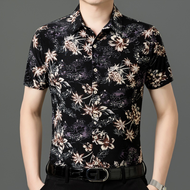 Foreign trade short-sleeved shirt men's supply cross-border Hawaiian floral shirt middle-aged lapel cardigan casual half-sleeve summer