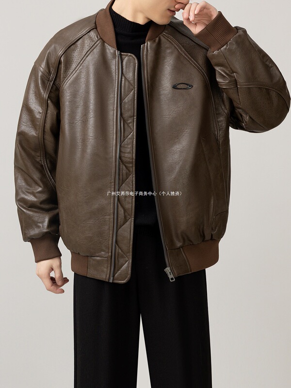 New Style Baseball Collar Pu Leather down Jacket for Men, Thickened Motorcycle Style Pilot Winter New Men's Jacket Trendy Top