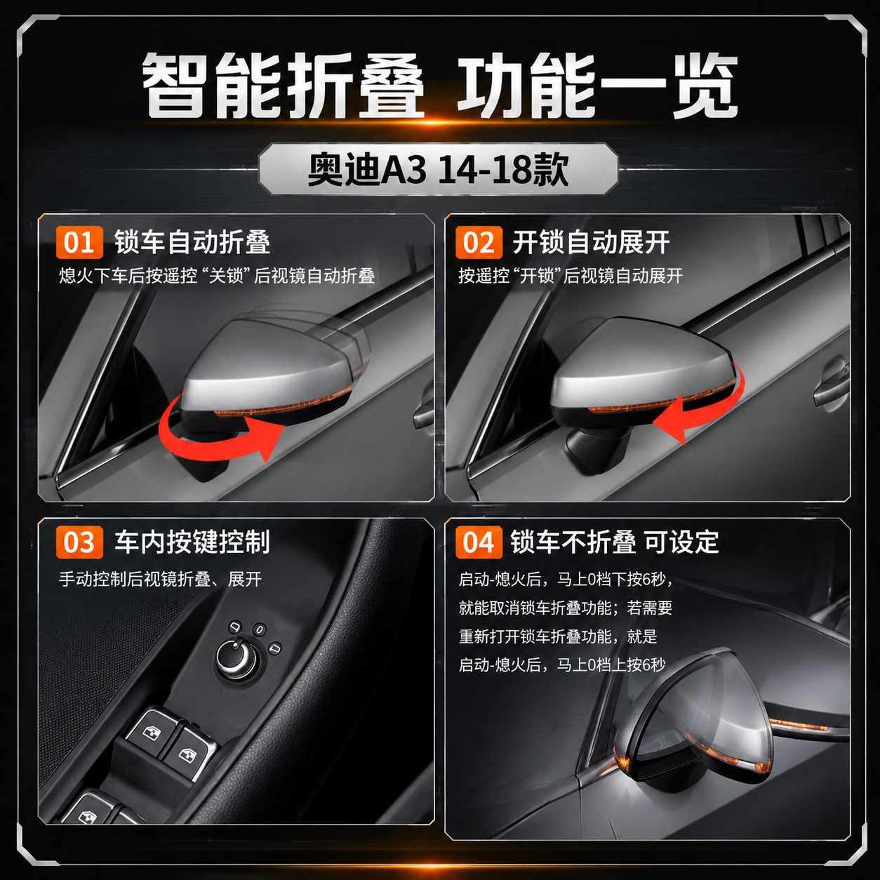 Suitable for Audi A3 (2014-2018): Electric folding rearview mirror, with features including locking the mirror when the car is locked, unlocking it when the car is unlocked, and unfolding the mirror.