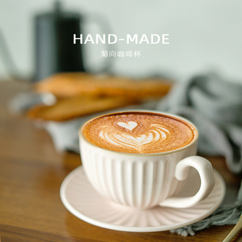 Retro vintage cups, Japanese-style stoneware coffee cup and saucer set, exquisite high-end ceramic coffee mug with latte art design