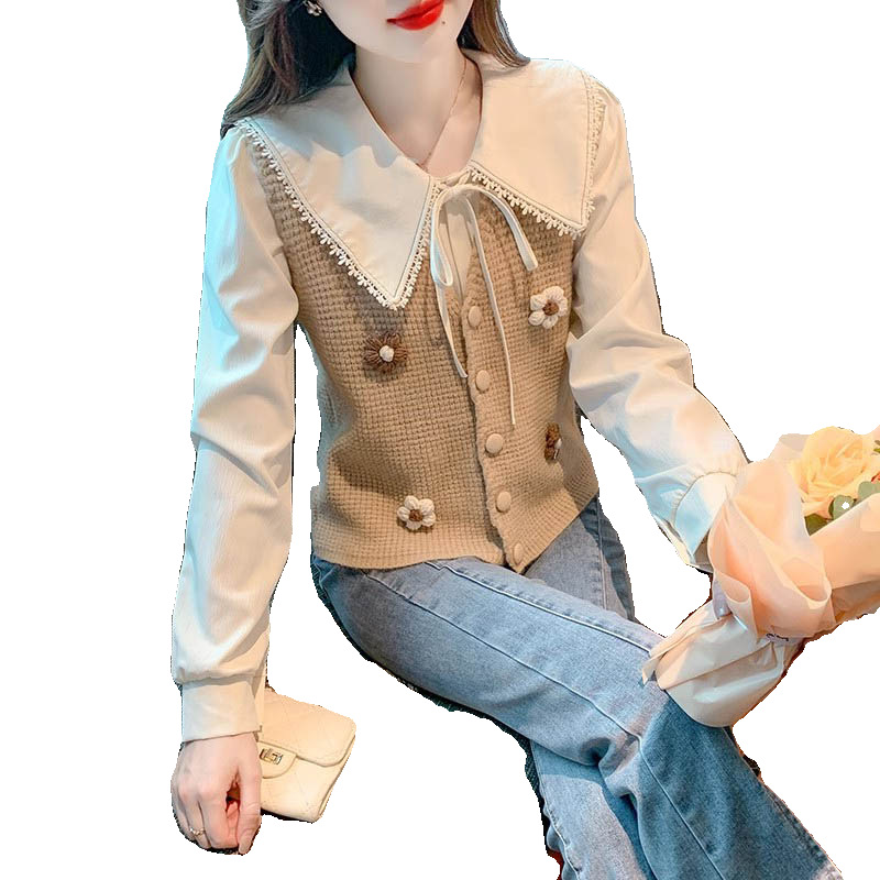 巴酷森娃娃领长袖衬衫女2024春季新款气质外搭针织马甲两件套上衣