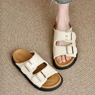 Zhongjia Soft Leather Bocken Shoes Women's Summer Soft Bottom Lazy Bocken Slippers Thick Bottom One-word Outfit Beach Sandals and Slippers Trendy