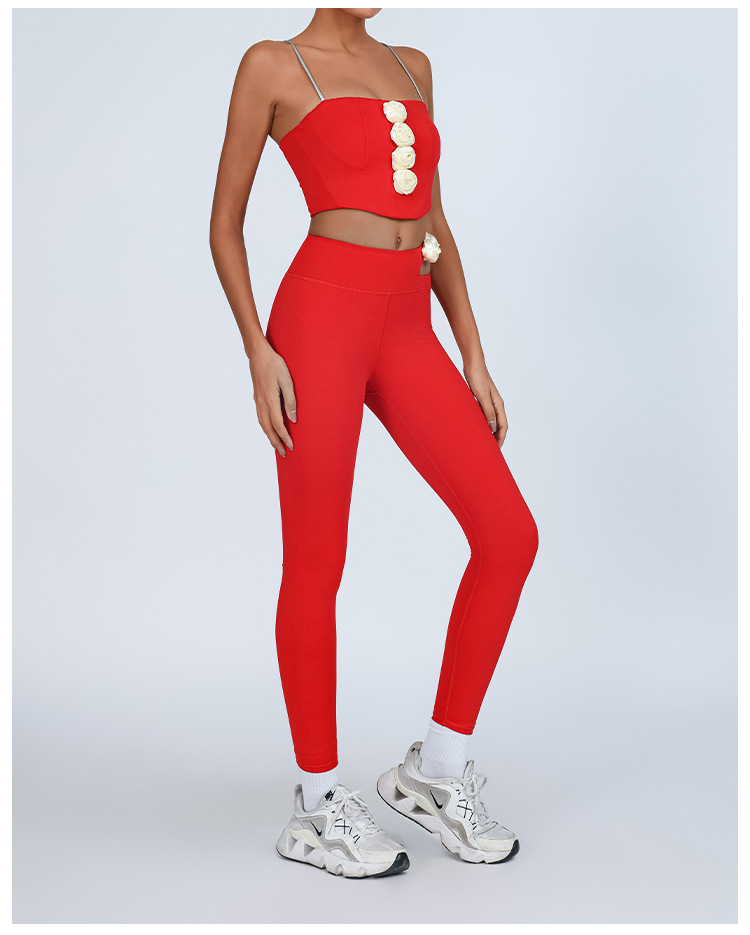 Traje de yoga, flores tridimensionales para mujer, almohadillas para el pecho, tirantes deportivos y de fitness, pantalones de nueve puntos de secado rápido huecos de cintura alta, traje de dos piezas