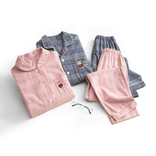 秋冬男女情侣小熊刺绣格子纯棉磨毛双股绒睡衣套装 家居服套装