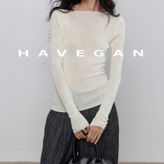 与间HAVEGAN/秋季长袖弹力针织衫女打底纯色基础款一字领内搭上衣