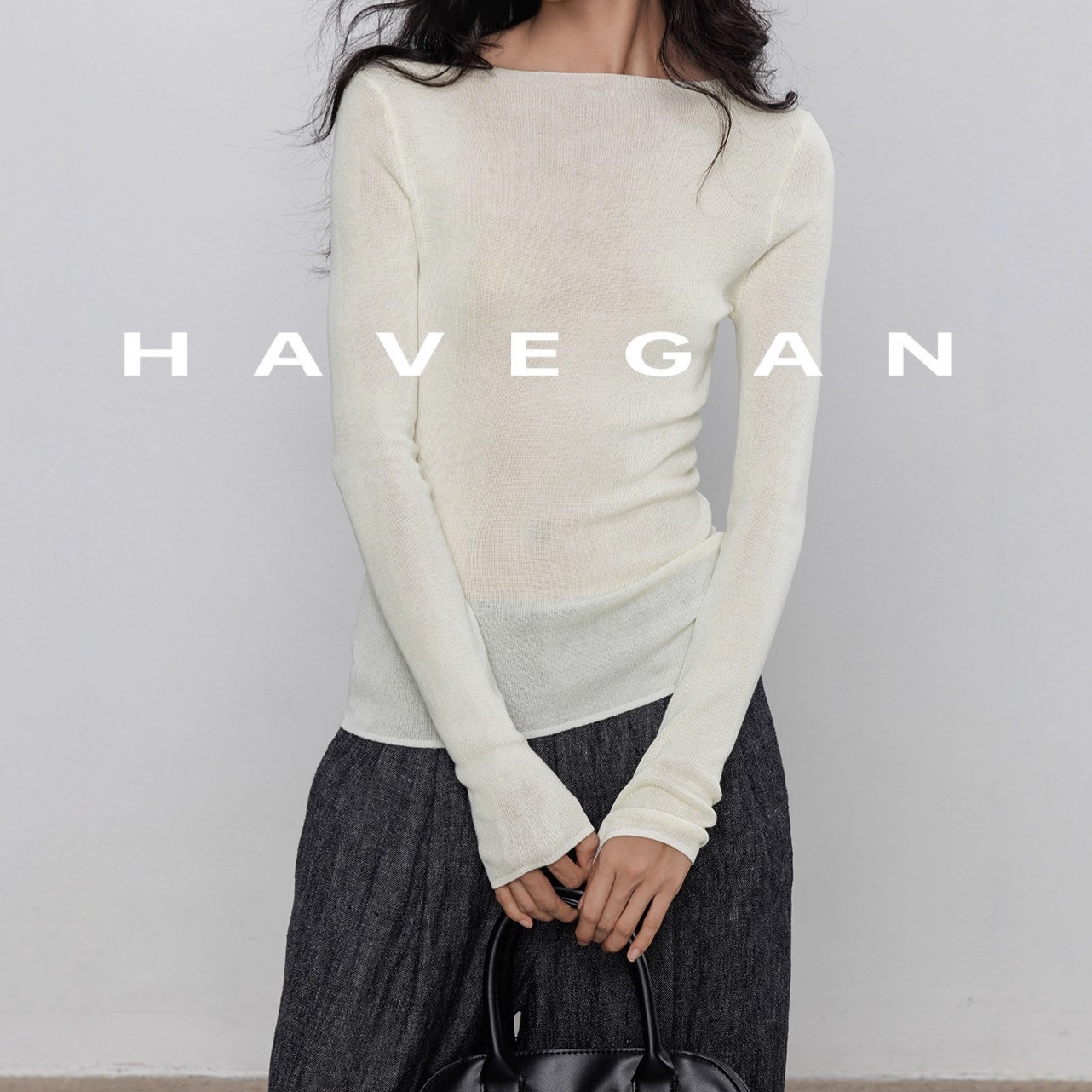 Havegan/Autumn Long-Sleeved Stretch Knitwear Women's Bottoming Pure Color Basic One-Line Collar Inner Top