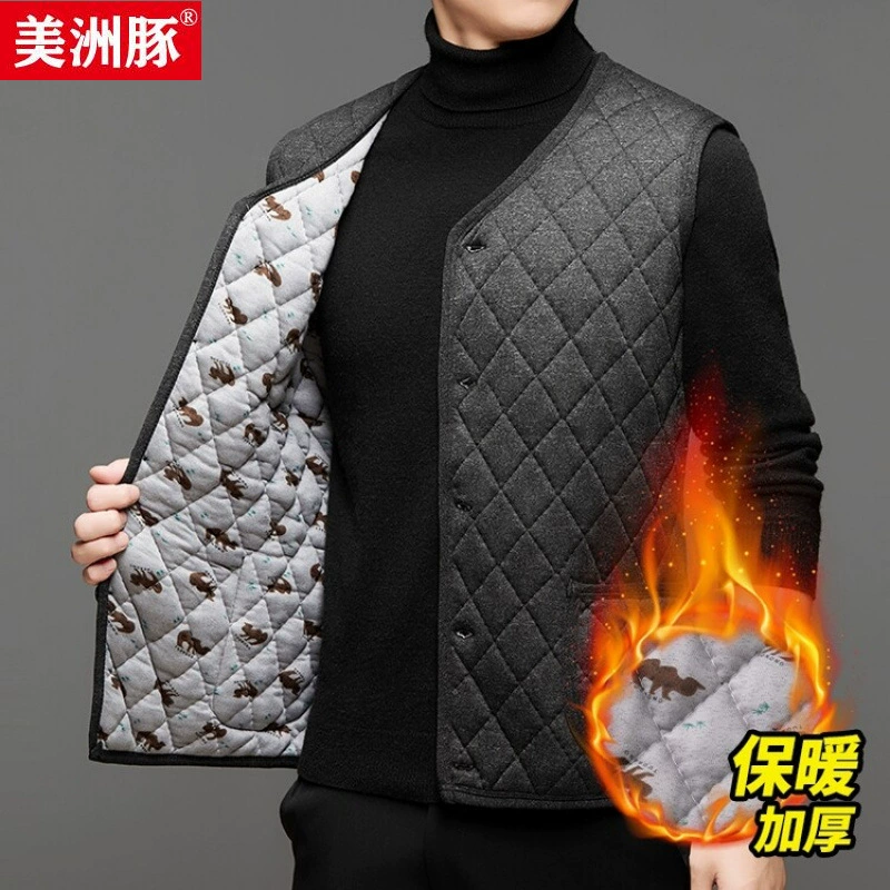 Demi-season down jacket, keep warm vest, V-neckline, for middle age, increased thickness