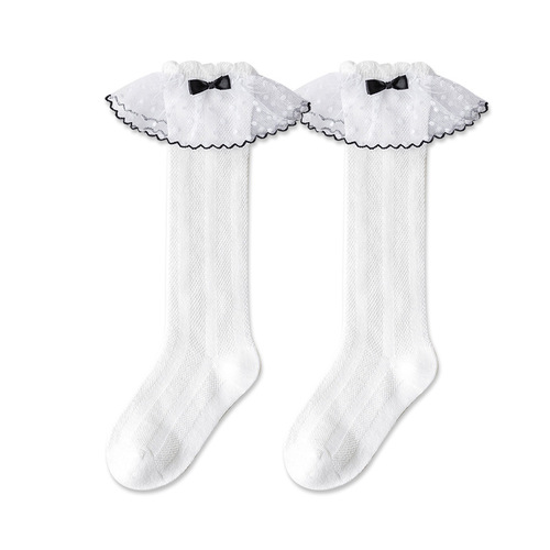 Girls' Socks Spring and Summer Thin Korean Style Bow Princess Children's Mid-Tube Socks Lightweight and Breathable Medium and Large Children's Calf Socks