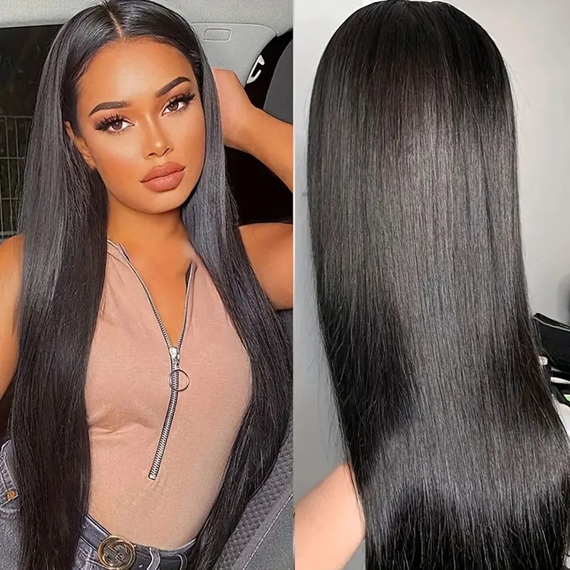 Parrucca sintetica alla moda in stile europeo-americano con riga centrale, capelli lunghi e lisci, taglia media, resistente alle alte temperature, con pizzo, copertura completa della testa per uso quotidiano._voghion.com