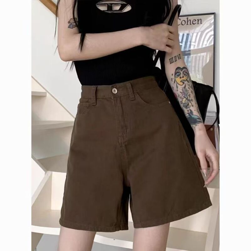Brown Denim Shorts for Petite Women with Pear-Shaped Figures, High-Waisted, Slimming, Wide-Leg, Coffee-Colored Straight Pants