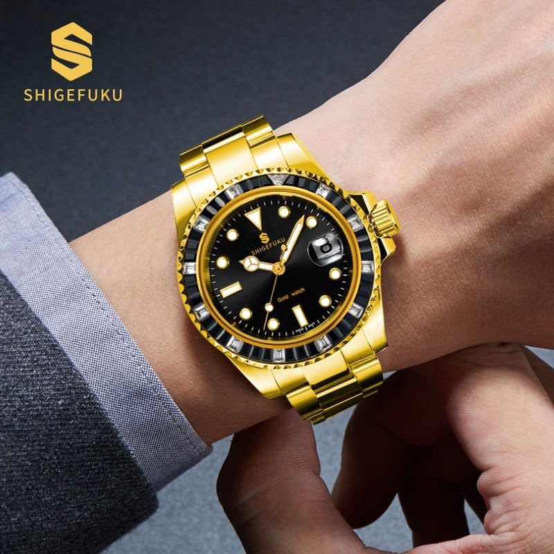 [Hong Kong Shigefuku] Classic Black Water Ghost Full Gold Au999 Fully Automatic Mechanical Watch 8589G-Fb High