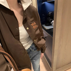 深圳南油高版本miu系棕色撞色领子夹克棒球服外套显瘦遮肉