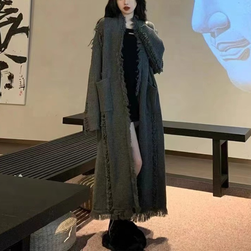 欧美跨境针织开衫女秋冬新款慵懒风长款流苏设计感宽松毛衣女大衣|undefined