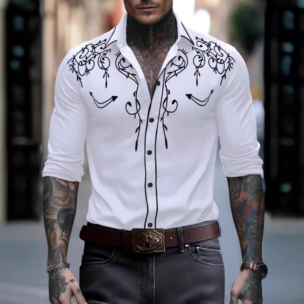 Camisa masculina bordada estilo cowboy – Camisa casual com botões | Mistura de algodão com inspiração vintage_voghion.com