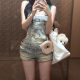 Vintage Distressed Washed Denim Strap Shorts for Women, Sexy Low-Rise Hip-Hugging Slim-Fit Shorts