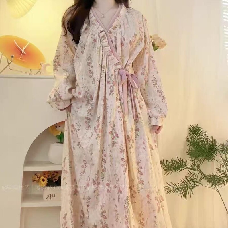 2025 Clouds Cotton Ins Korean Style Floral V-neck Long Sleeve Nightgown Spring and Autumn Pajamas Women's Sweet Girly Nightgown