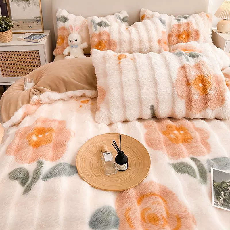 Winter warm set, double-sided coral flannel duvet cover, sheet, 4 piece set