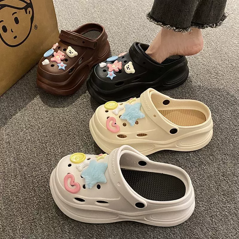 2024新款厚底洞洞鞋高跟包头女凉鞋外穿diy饰扣ins潮eva舒适百搭