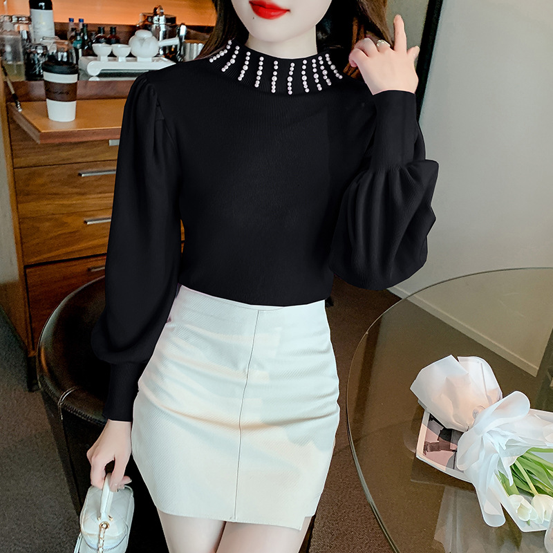 스웨터 커스텀 리얼 샷 겨울 새로운 슬림 핏 롱 슬리브 하프 하이 칼라 비드 버블 슬리브 우아한 니트 탑