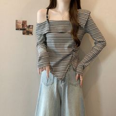 美拉德一字肩条纹长袖T恤女早秋新款大码微胖mm不规则打底衫上衣