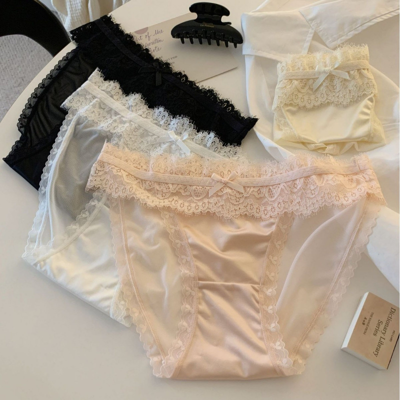Bow Ultra-Thin Translucent Soft Gauze Underwear Sexy Low-Waist Seamless Lace Edge Satin Splicing Briefs for Women