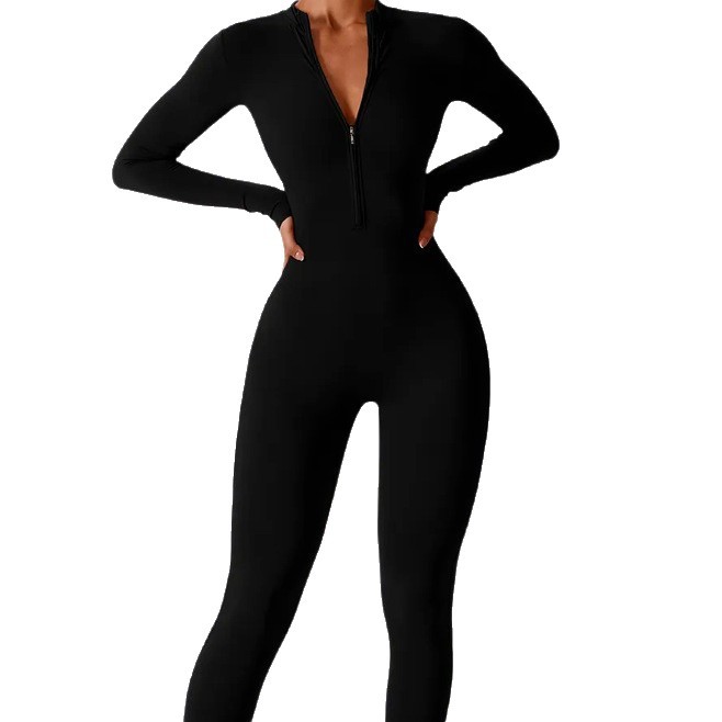 Women's Ribbed Long-Sleeve Zip-Up Jumpsuit – Seamless Yoga & Workout Romper (Moisture-Wicking, High-Stretch Nylon) – Black/Coffee (S-L)​_ecoleips.com