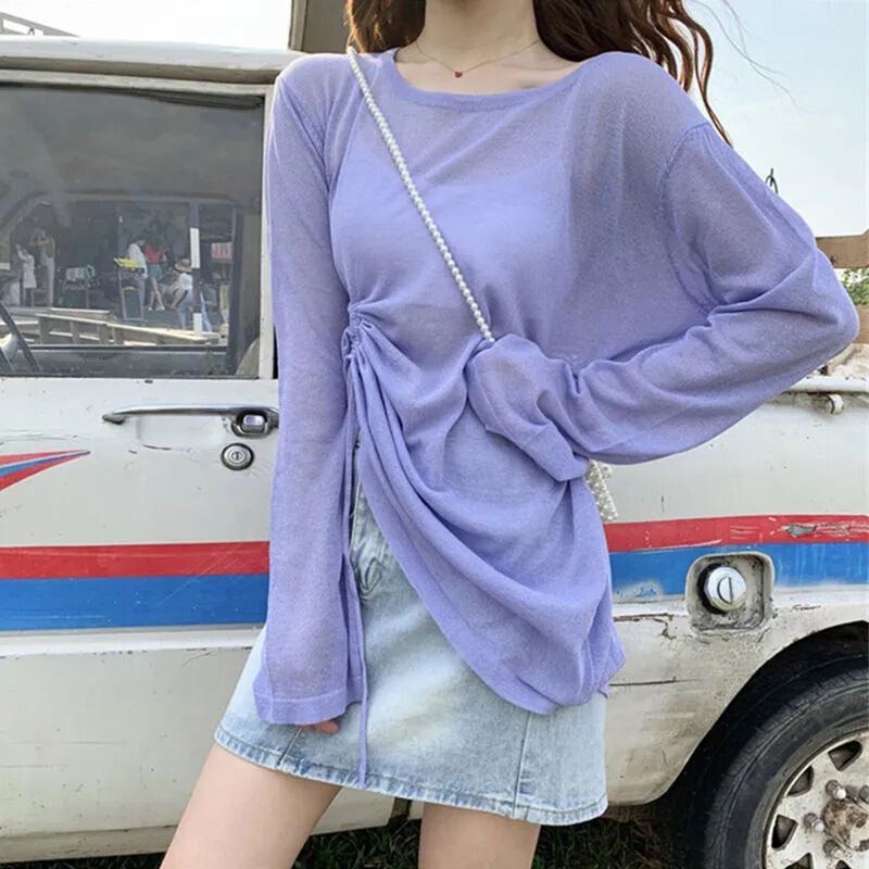 Thin women's summer new beach long-sleeved sun protection clothing loose blouse drawstring top air conditioning shirt