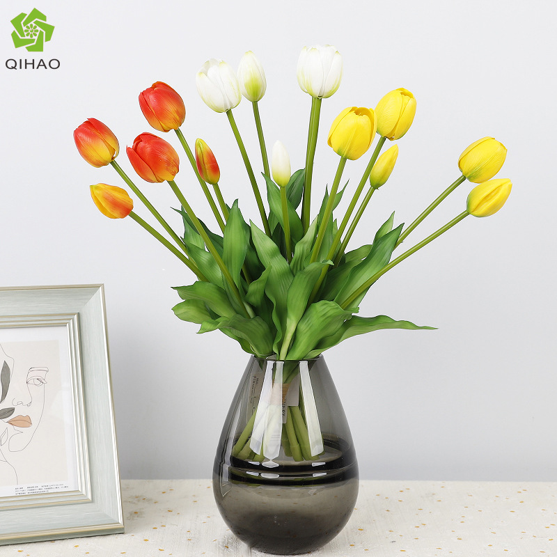 5 heads of soft plastic simulated tulips, fake flowers, simulated flower living room decorations, artificial flower decoration, PU hand-feel tulip flowers