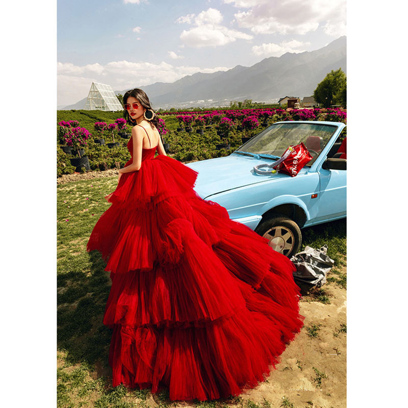 Outdoor Travel Photography Main Wedding Dress High-End New European and American Style Long Train Photography Photo Shoot Puffy Tulle Runway Dress