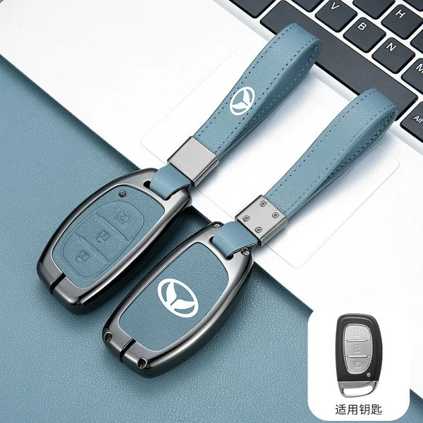 Model B smart 3-button car search key (gun-colored blue leather) shell + hand rope buckle