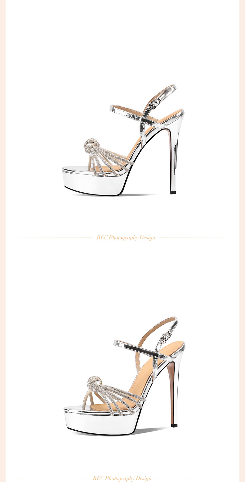 Sandal nữ cao gót 13 cm đính đá hở mũi quai mắt cá chân da thật — Bạc (13 cm) chi tiết 19