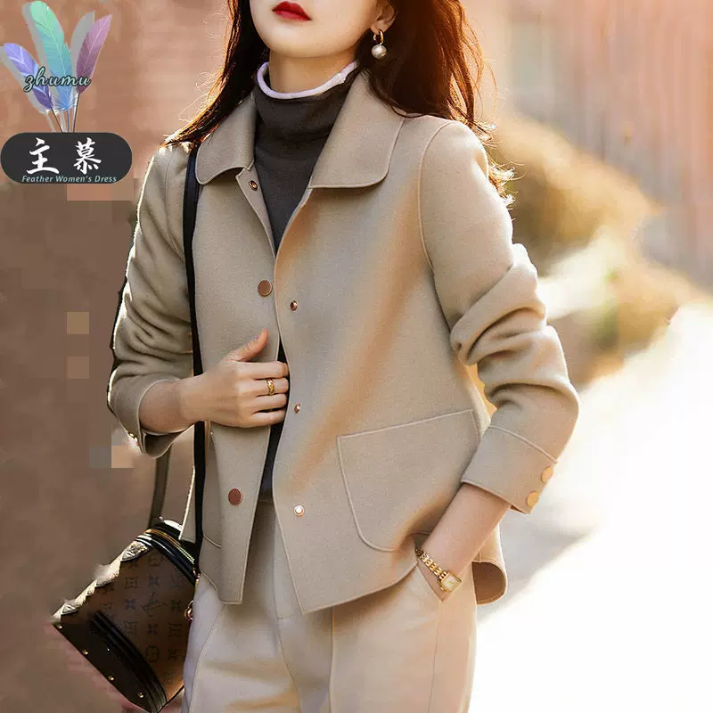 女毛呢短款开衫简约轻奢翻领短外套女装小个子欧美亚马逊跨境外贸