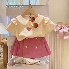 Korean version of children's clothing, girls' summer clothing, small fragrance suit, fashionable and stylish children's tops, skirts and pants, solid color internet celebrity two-piece set