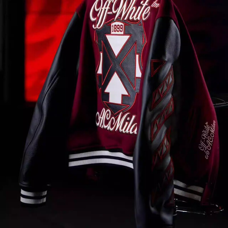 Off25Ss Heavy Embroidery Patchwork Leather Baseball Jacket Couple Style Ow Short Jacket Unisex White Red Trendy Jacket