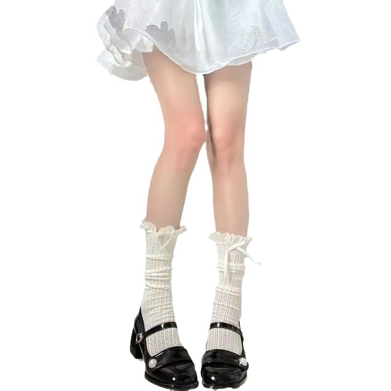 Calcetines de ballet fino con lazo "Broken Angel" Calcetines de malla con borde de encaje de verano de tubo medio para mujer