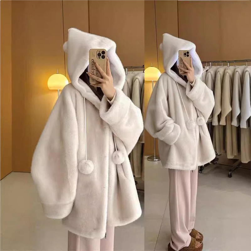 秋冬季连帽加厚女巫长款水貂毛绒大衣皮毛一体仿皮环保皮外套