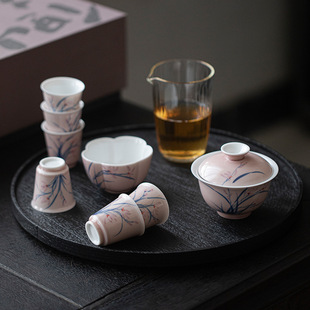Club Hand-painted Orchid Kung Fu Tea Set suit Handmade Ceramic Cover Bowl Tea Cup Complete Tea Set High-end Light Luxury Gift Box